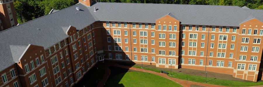 An aerial view of a hall on campus