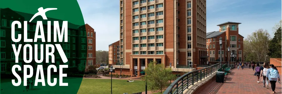 Photo of South Village, with a graphic overlayed that says Claim Your Space