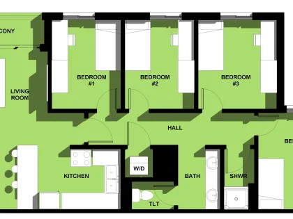 Pine, 4 Person-4 Bedroom Apartment (With Balcony) Floor Plan